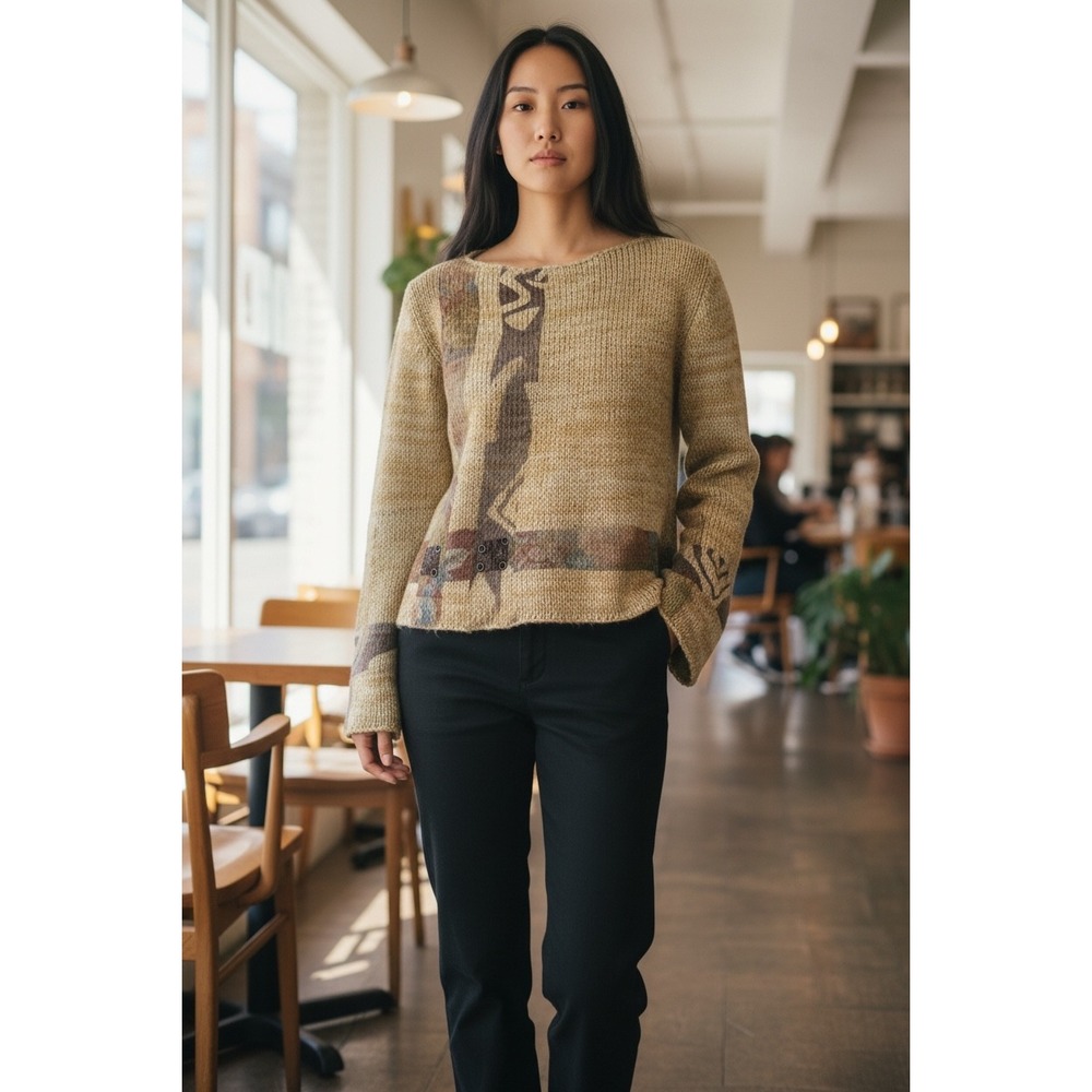 Gold Festive‎ Holiday Knit Sweater Geometric Pattern Metallic Gold Accent Size L